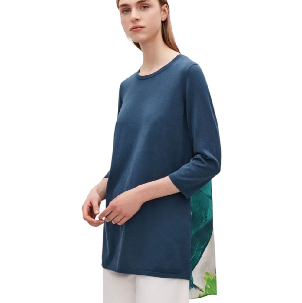COS Watercolor Silk Back Knit Front 3/4 Sleeve Tunic Pullover Top Large